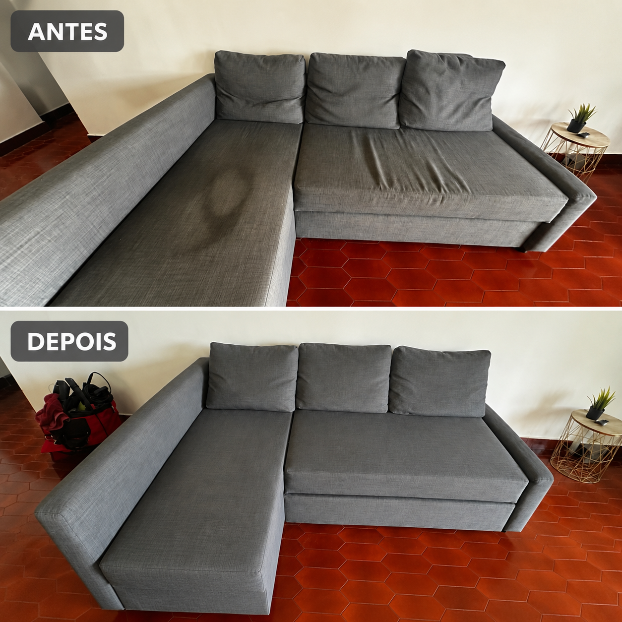 Sofá antes e depois da higienização